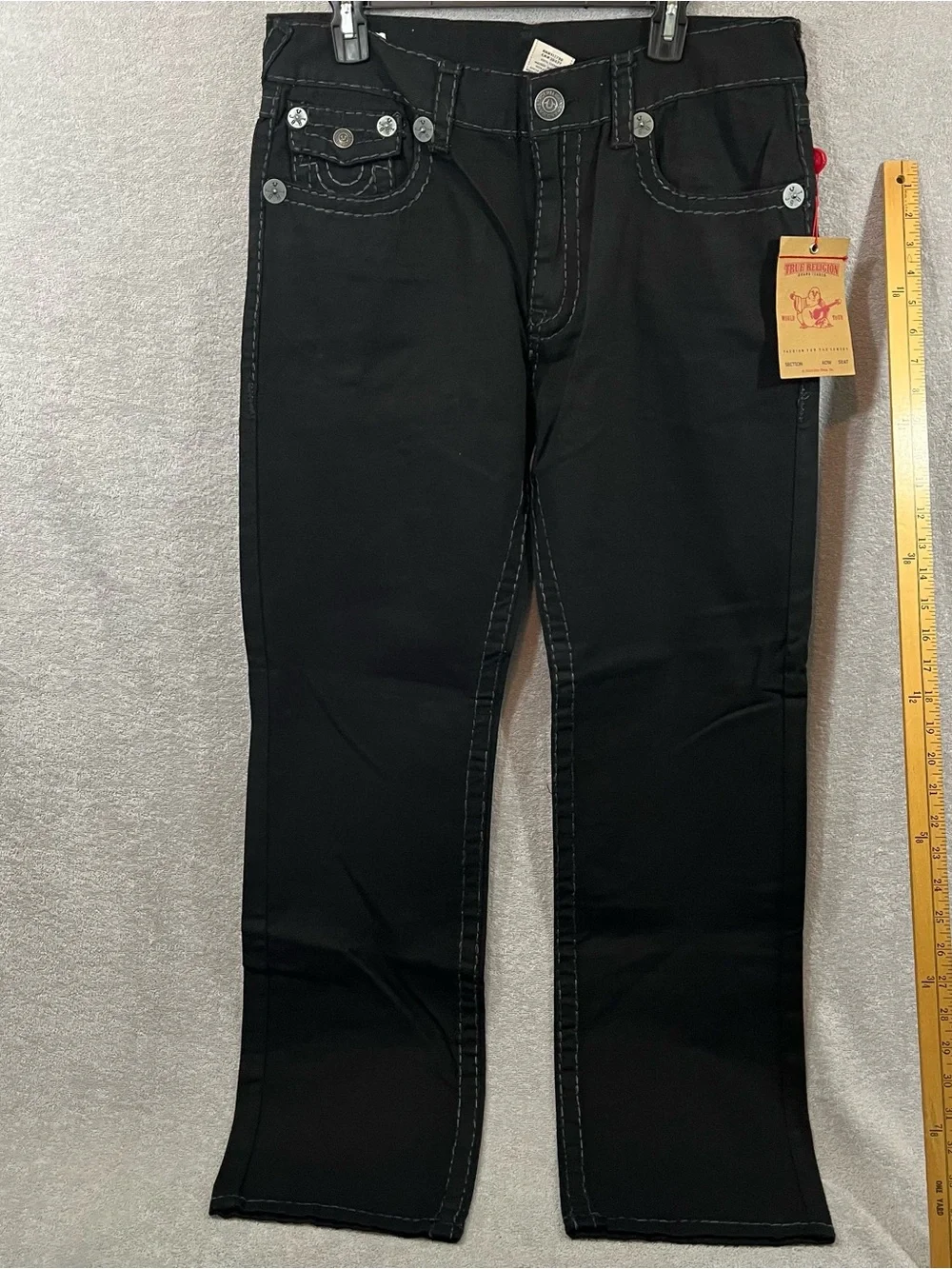 TRUE RELIGION RICKY SUPER T FLAP BLACK JEANS RELAXED STRAIGHT THICK STITCH 36x32